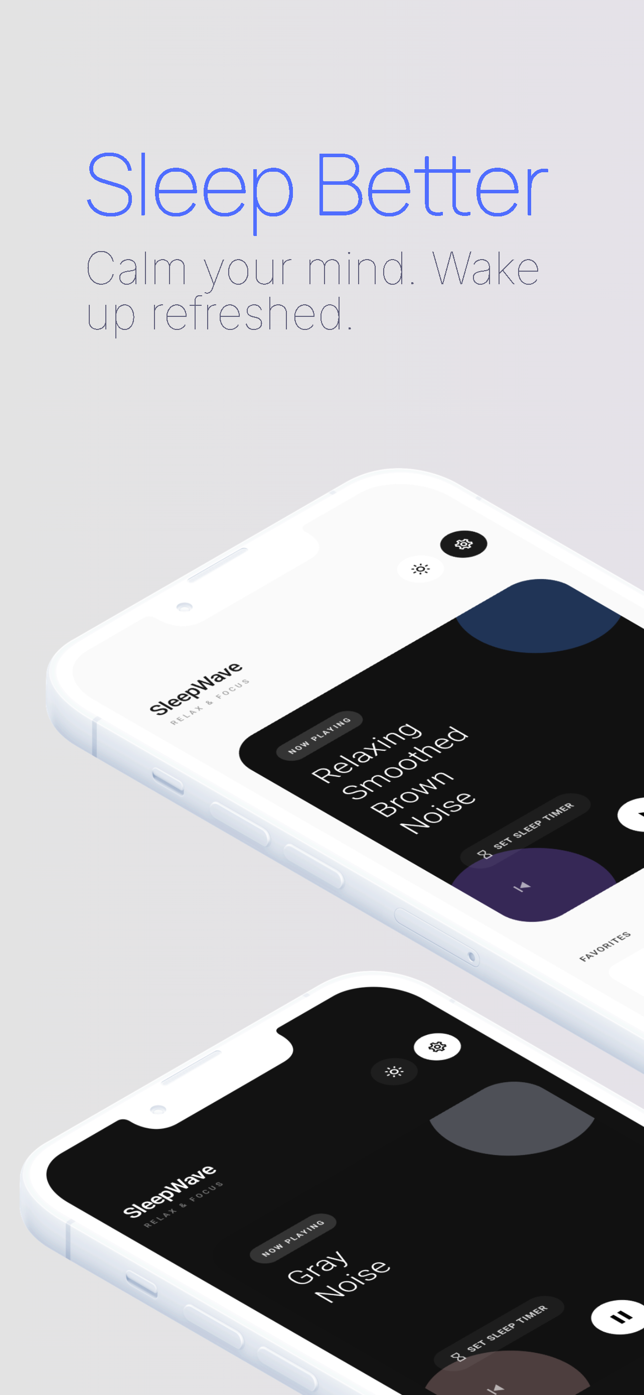 SleepWave app dark screen displaying sleep soundscape player