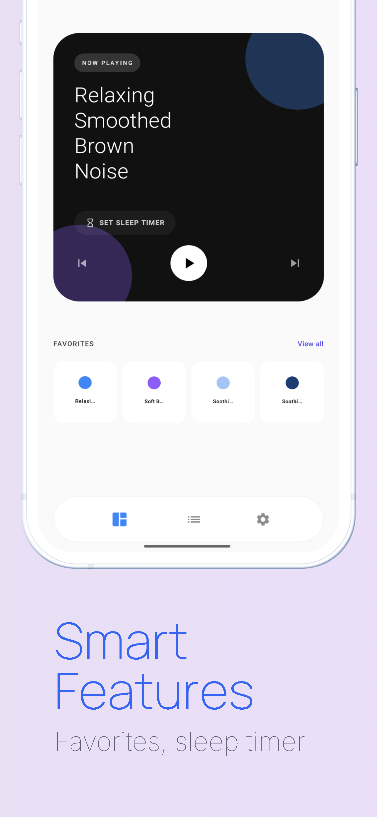 SleepWave Smart Features screen showing sound favorite grid and sleep timer pill button