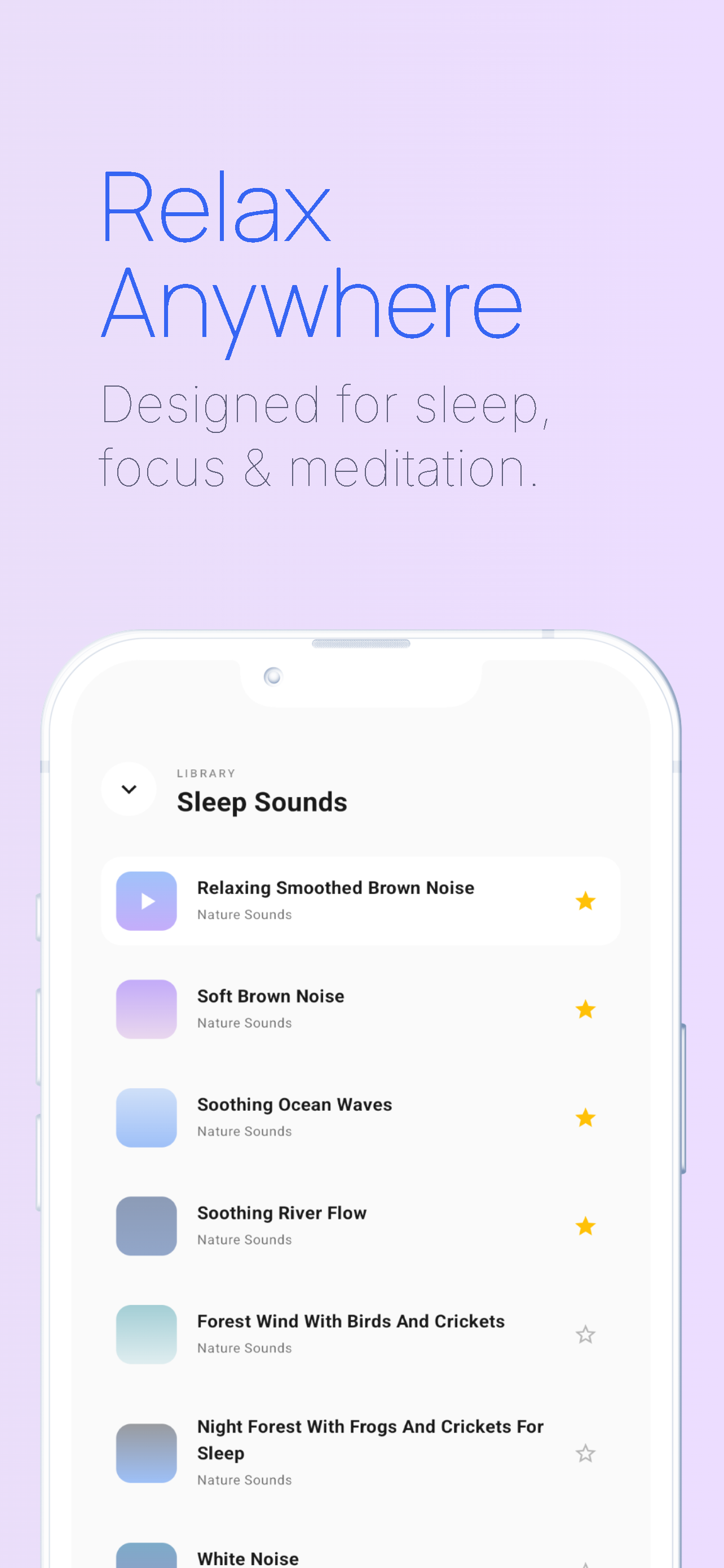 SleepWave Relax Anywhere library list screen displaying Nature Sounds selection